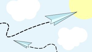 Two light blue paper airplanes fly across a bright blue sky with white clouds and a large yellow sun in the corner.