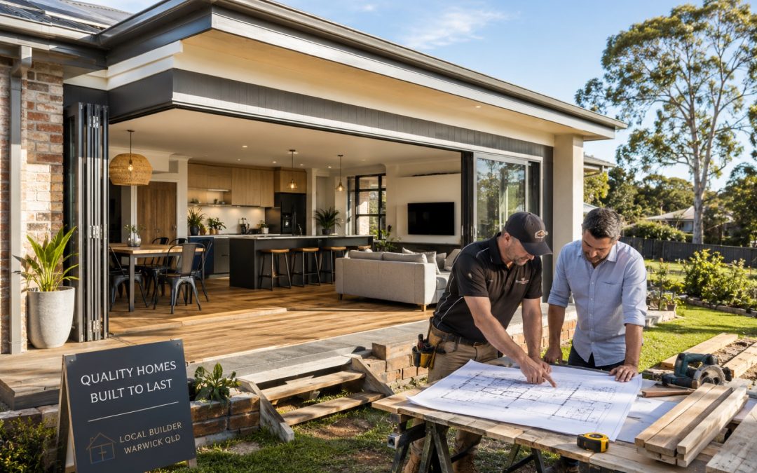 Two men review architectural blueprints on a worktable outside a modern, open-plan home under construction, with the interior living area visible inside.