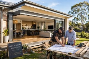 Two men review architectural blueprints on a worktable outside a modern, open-plan home under construction, with the interior living area visible inside.