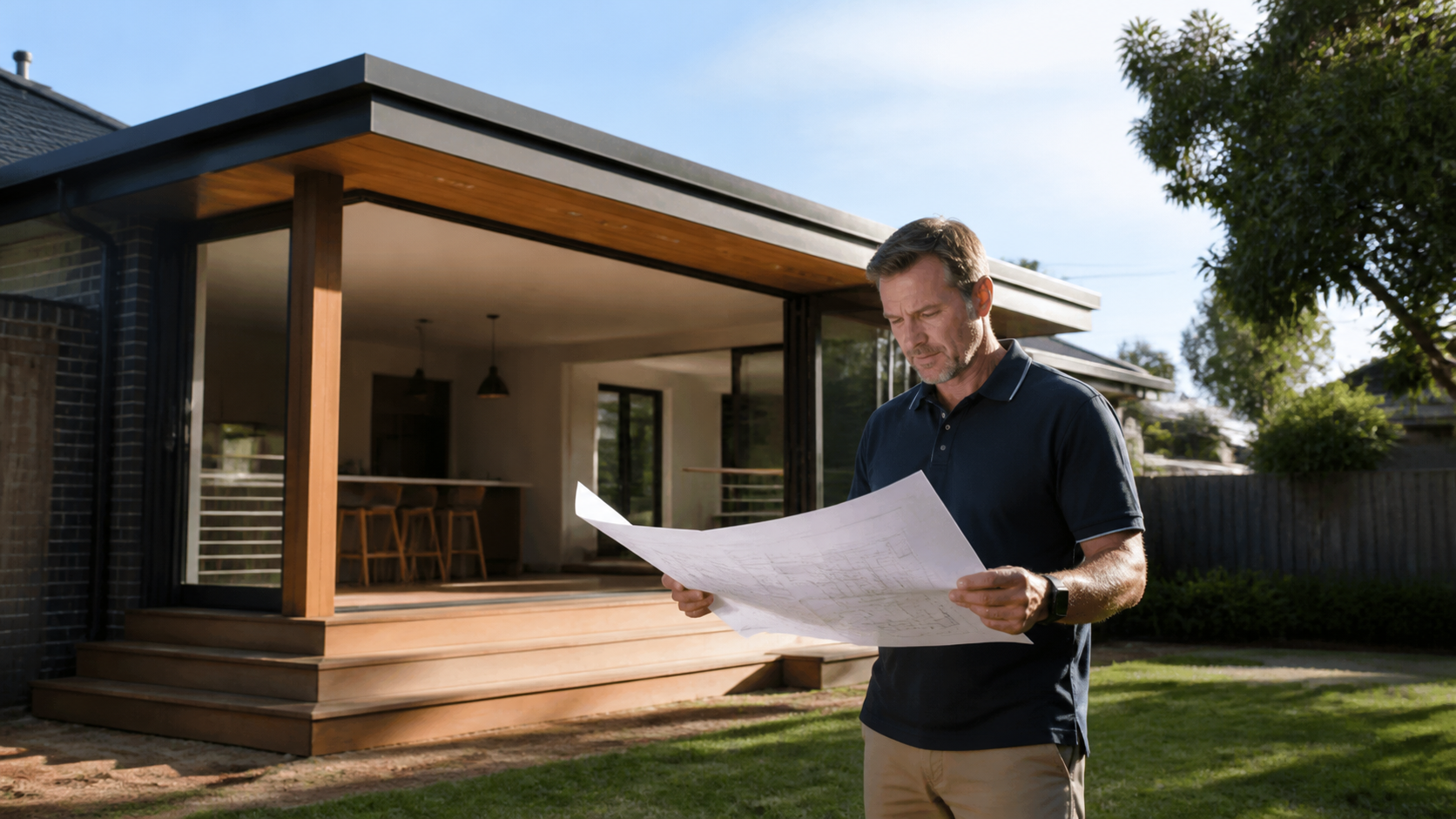 Builder reviewing plans beside a modern home extension in Warwick