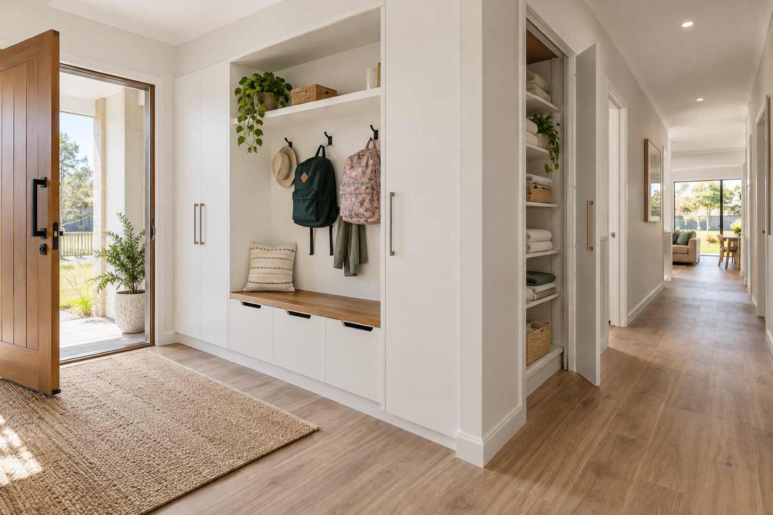 Built-in entry cupboards and a timber bench provide storage for shoes and school bags beside a clear hallway